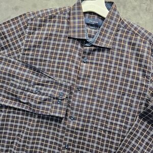 Peter England Mens Slim Fit Plaid Button Down Shirt Brown Blue Size 39 LS
